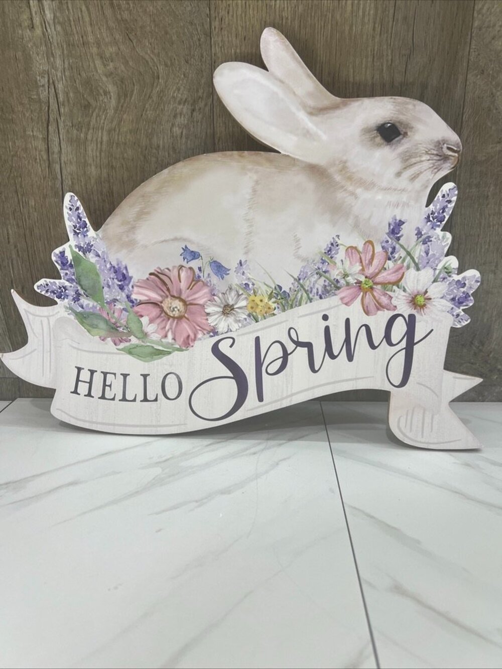 Wood bunny sign easter floral "Hello Spring" hanging wall plaque 11.5x15.5”